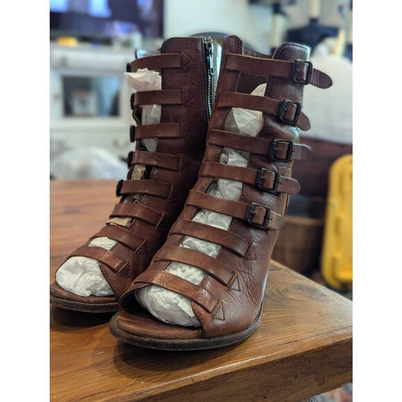 Frye Izzy Gladiator Leather Sandals Women’s 9.5 Brown Strappy Heel Boho - Picture 3 of 10